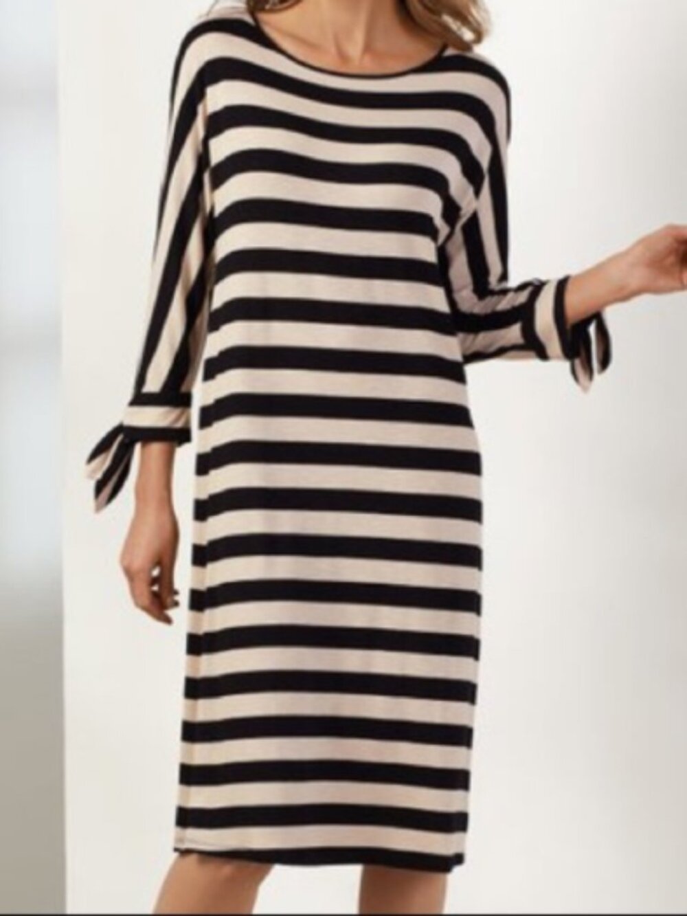 Soft Surroundings Adrift Dress in Black and Cream Striped Tie-Sleeve sz L